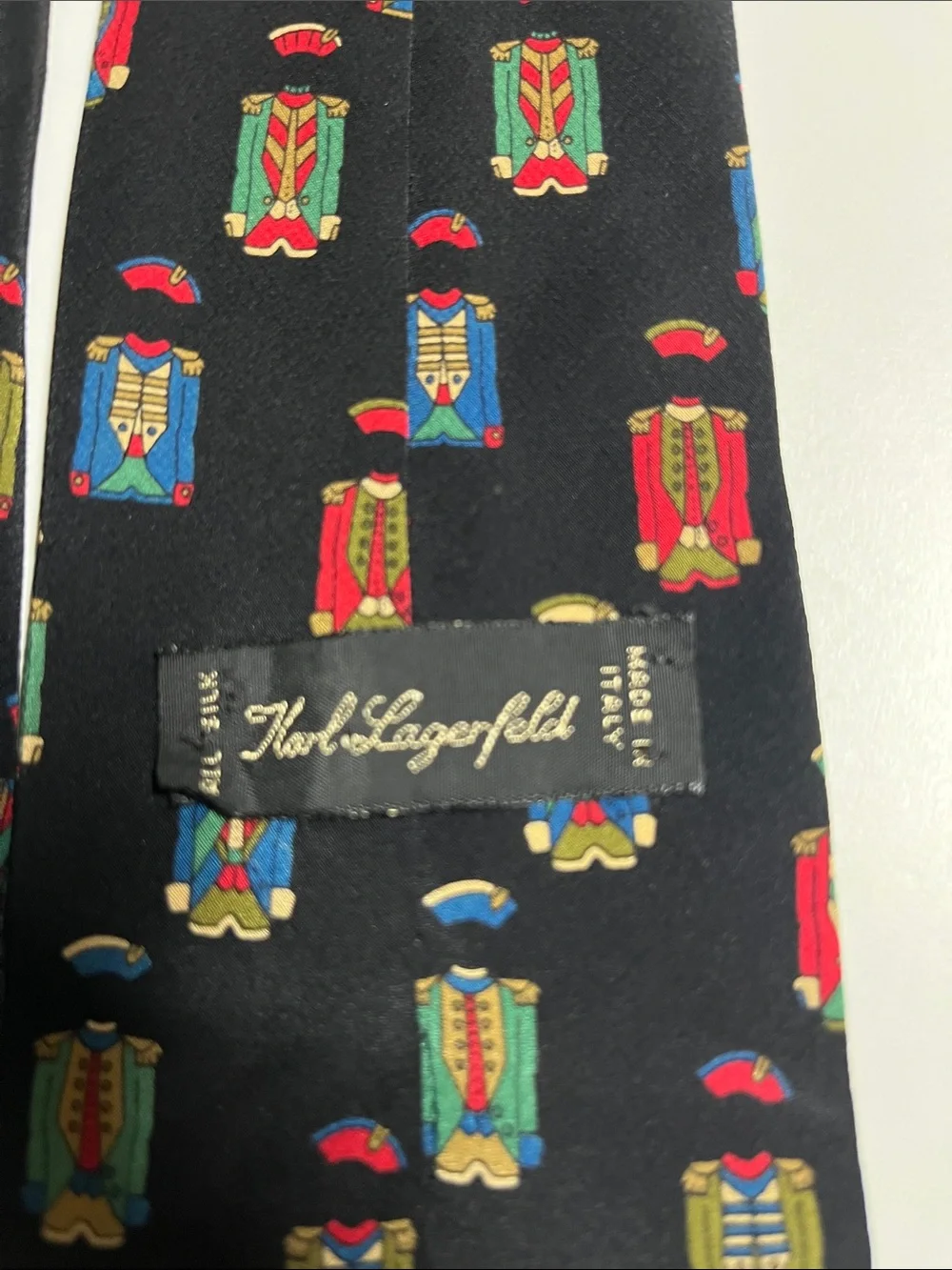 Vintage Karl Lagerfeld silk tie, military uniform toy soldier novelty necktie